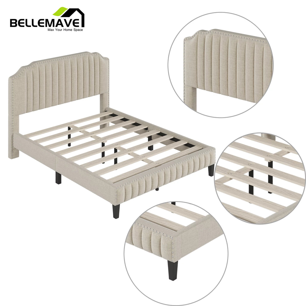 Linen Upholstered Platform Bed Frame Queen Size with Headboard T781
