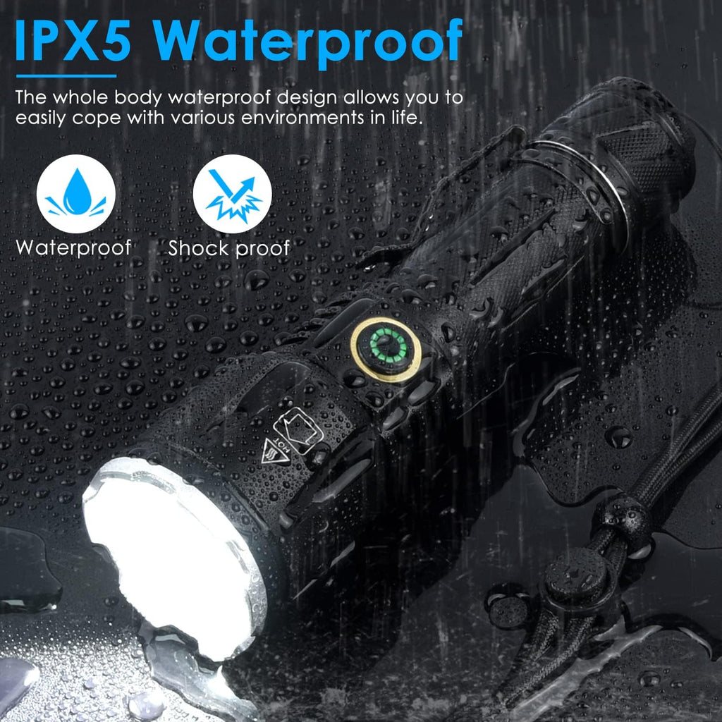 Rechargeable Tactical Flashlight, 120000 Lumens, 5 Modes, Zoomable, Waterproof J361