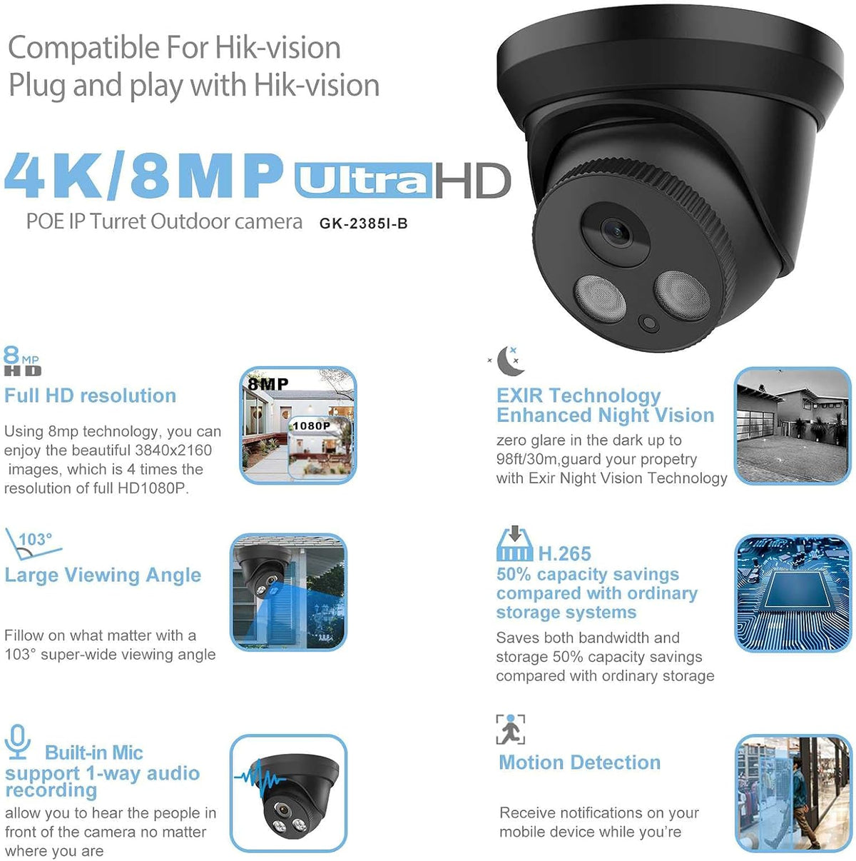 4K 8MP Outdoor PoE IP Camera with Mic/Audio, 98ft Night Vision, Black A790226