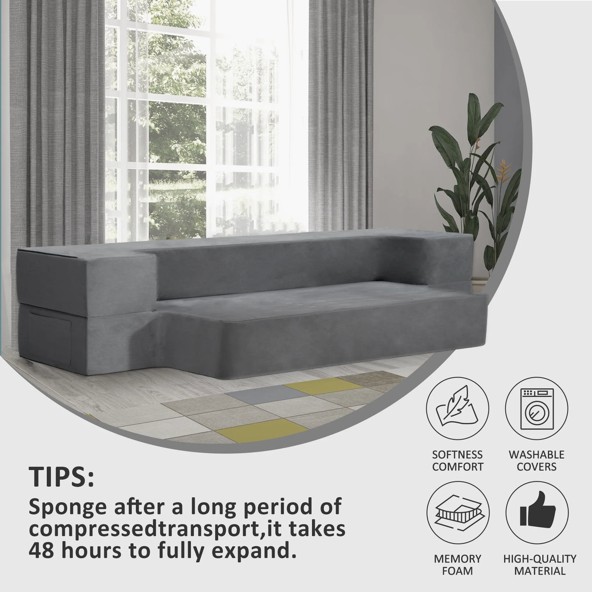 8 Inch Memory Foam Folding Sofa Bed Couch Dark Grey Queen S776