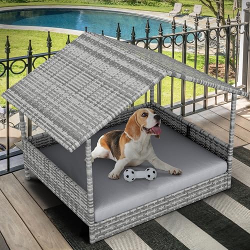 Large Wicker Dog House with Cushion and Canopy N115681