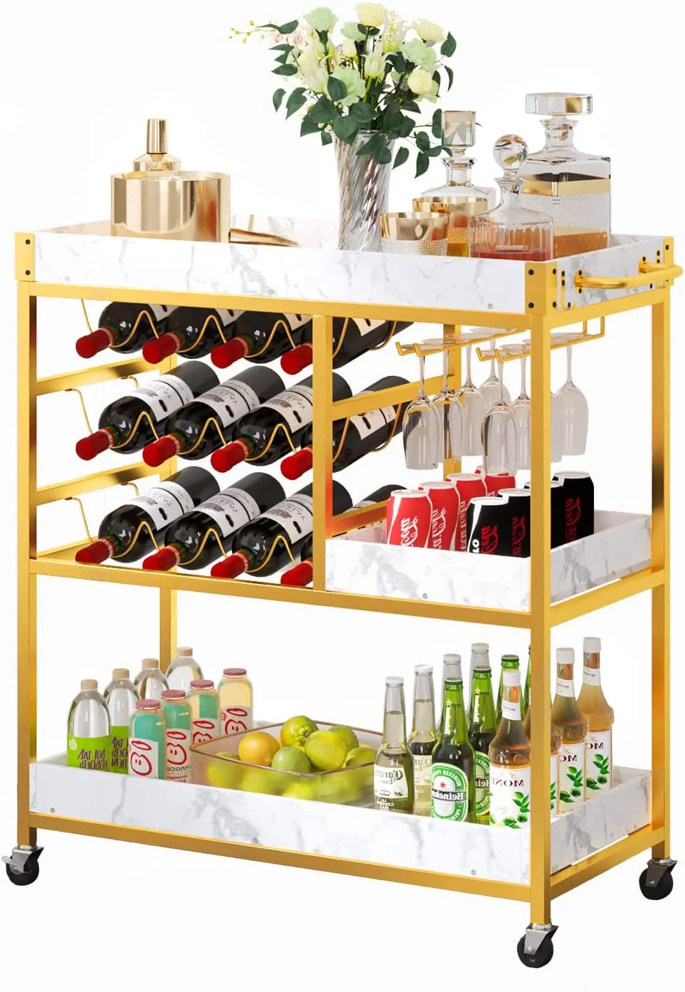 Gold Bar Cart with 12 Bottle Wine Rack E6957