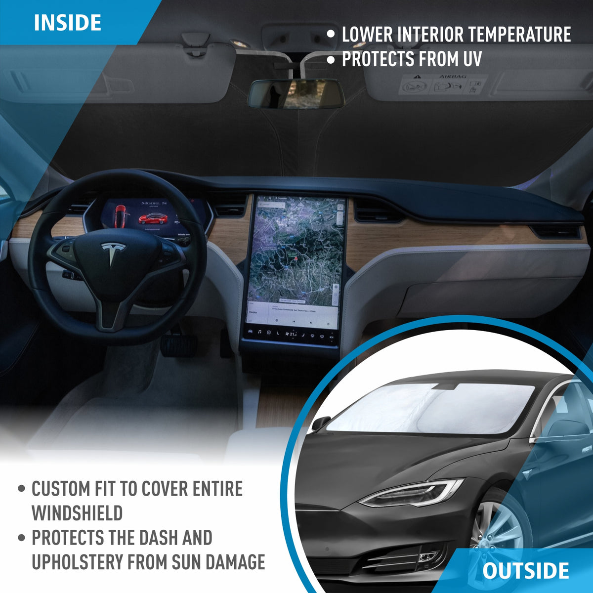 Windshield Sun Shade for Tesla S 2016-2024, Custom-Fit Foldable Car Sun Shade P996