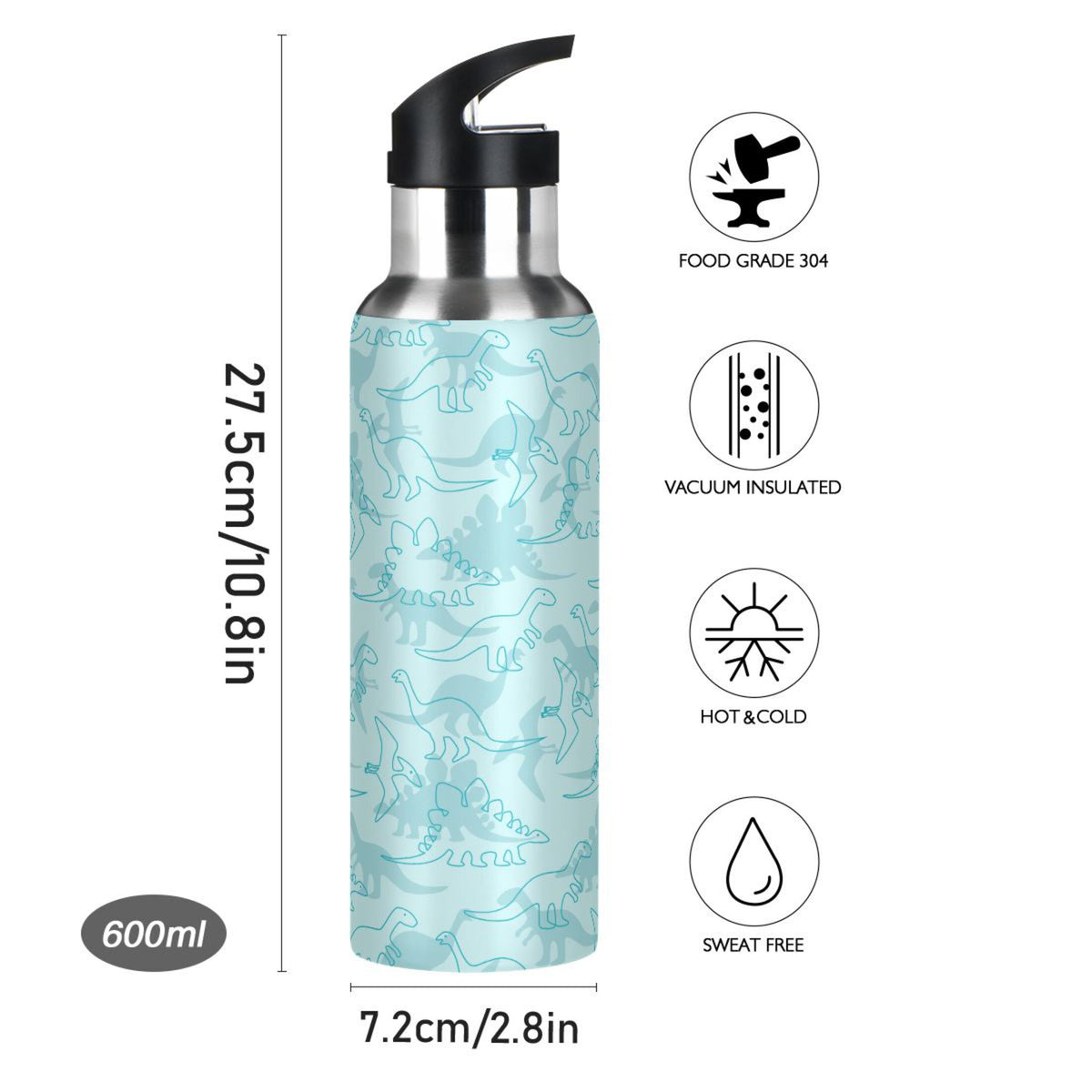 Dinosaur Green Pattern Stainless Steel Insulated Water Bottle with Straw Lid H623439