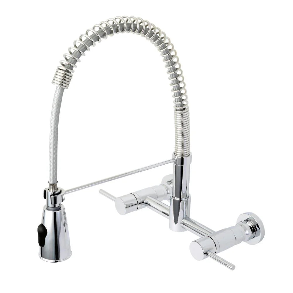 Polished Chrome Two-Handle Wall Mounted Pull-Down Sprayer Kitchen Faucet H221