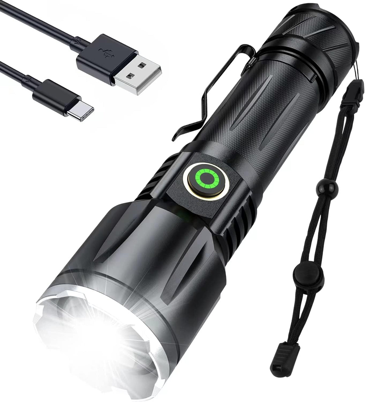 Rechargeable Tactical Flashlight, 120000 Lumens, 5 Modes, Zoomable, Waterproof J361