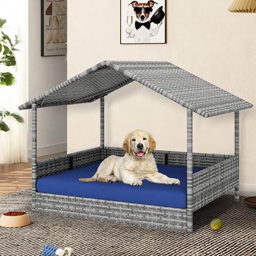 Large Wicker Dog House with Cushion and Canopy N115681