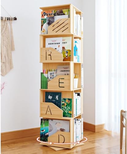 Rotating Wooden Bookshelf 360° Storage Display Rack Corner Bookcase Floor Standing Open Shelves S75463