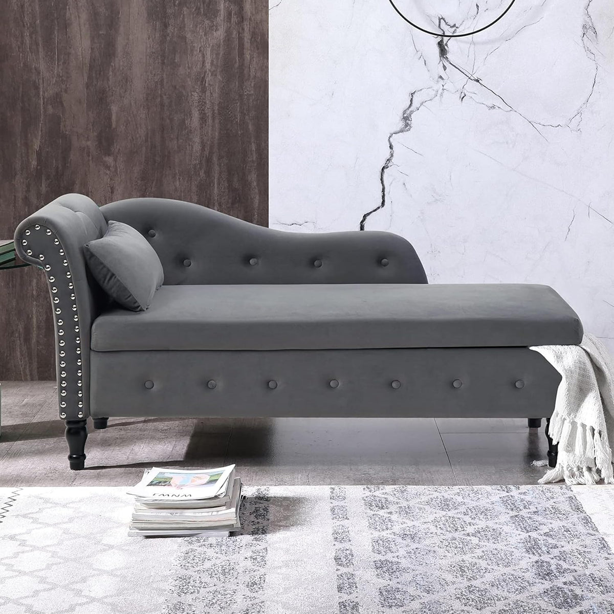 Gray Velvet Chaise Lounge Chair with Storage Z823