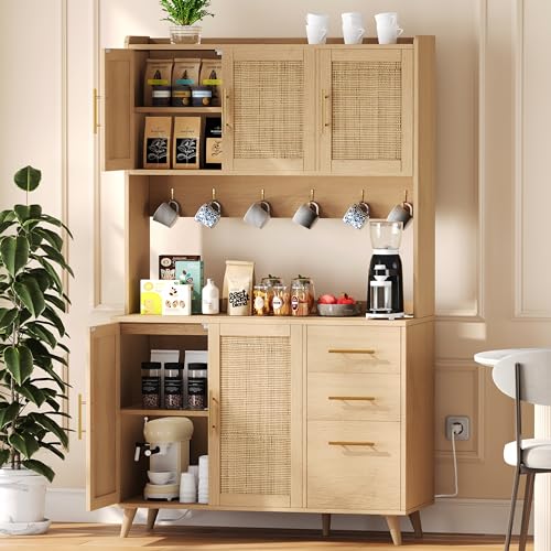 Black and Natural Tall Kitchen Pantry Cabinet with Microwave Shelf and Charging Station M729