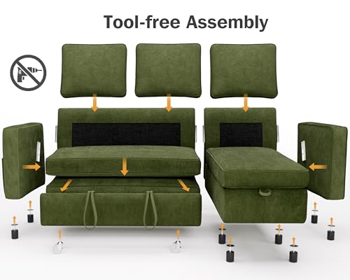 Green Chenille L Shaped Sleeper Sofa with Pull Out Bed E122