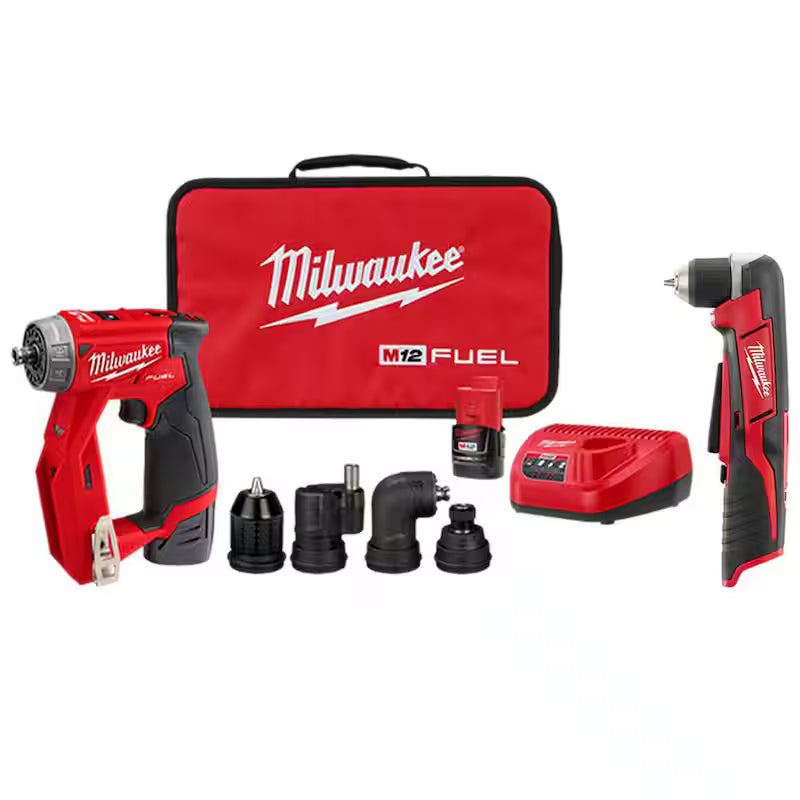 12V Lithium-Ion Brushless Cordless 4-in-1 Interchangeable 3/8 in. Drill Driver Kit with Right Angle Drill T877066