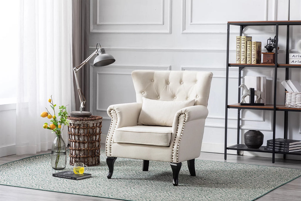 Beige Linen Tufted Accent Chair with Pillow N9360