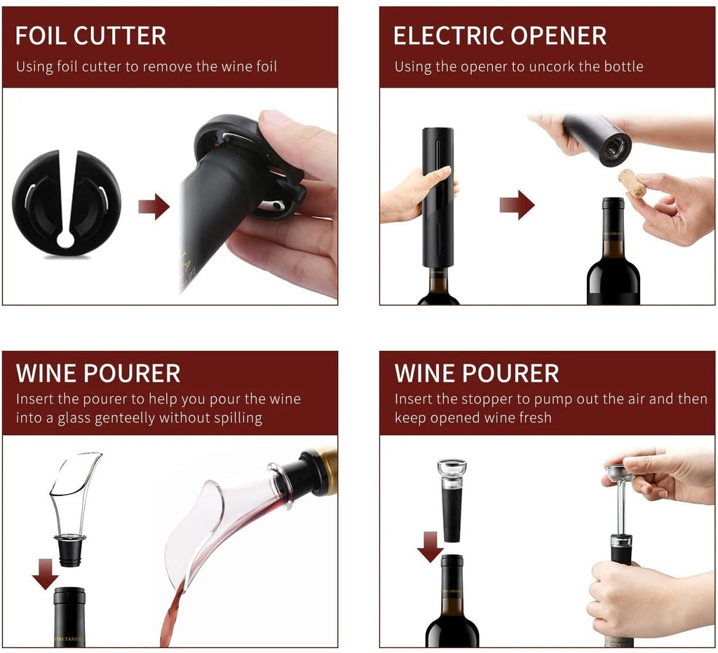 Rechargeable Electric Wine Opener Set with Foil Cutter, Vacuum Stopper and Wine Aerator Pourer M594625