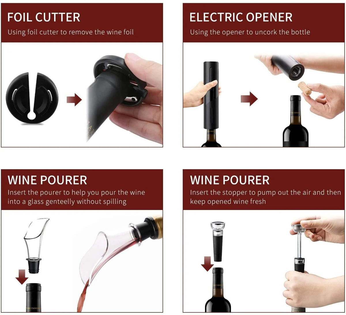 Rechargeable Electric Wine Opener Set with Foil Cutter, Vacuum Stopper and Wine Aerator Pourer M594625