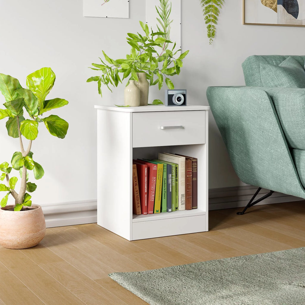 White Nightstand with Drawer and Storage Shelf E655
