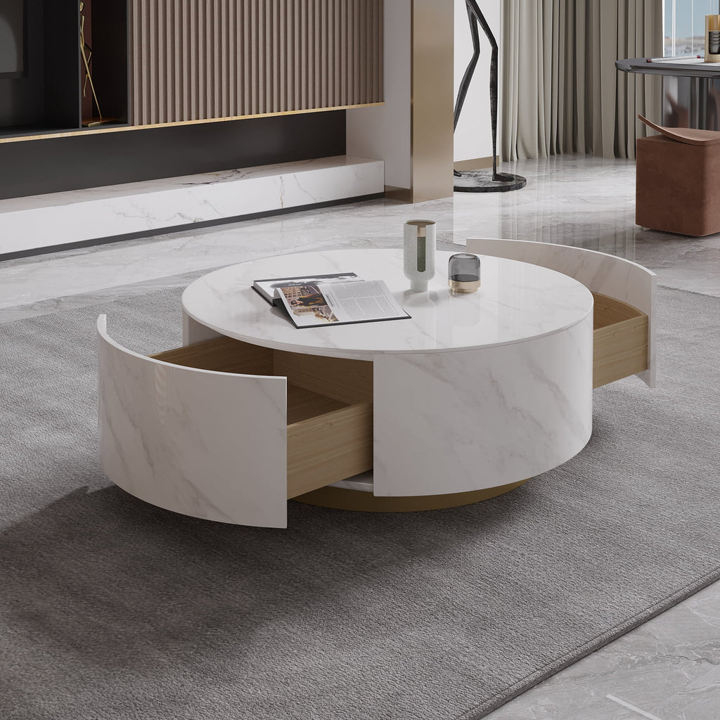 White Round Coffee Table with Two Drawers Y432