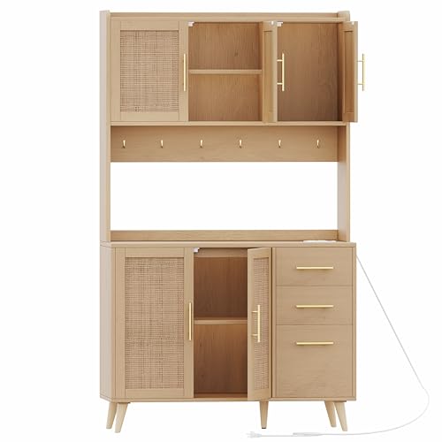 Black and Natural Tall Kitchen Pantry Cabinet with Microwave Shelf and Charging Station M729