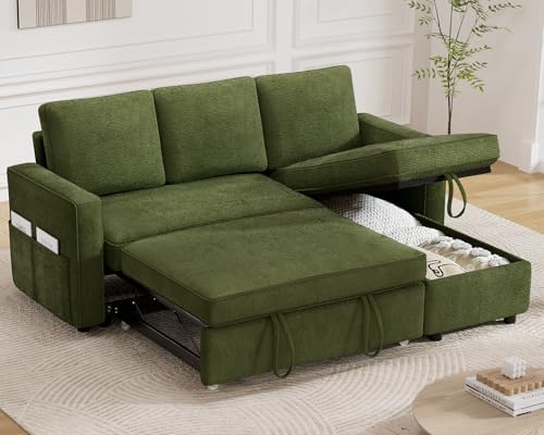 Green Chenille L Shaped Sleeper Sofa with Pull Out Bed E122