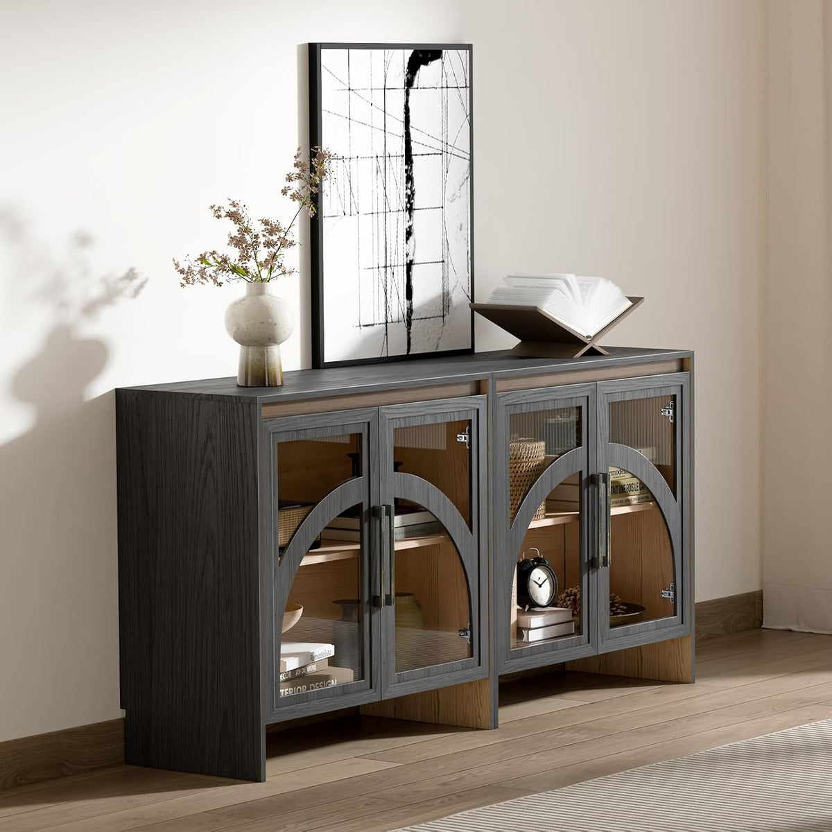 Black Arched Accent Cabinet with Glass Door and Adjustable Shelf T1259