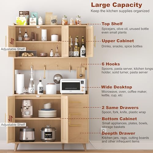 Black and Natural Tall Kitchen Pantry Cabinet with Microwave Shelf and Charging Station M729