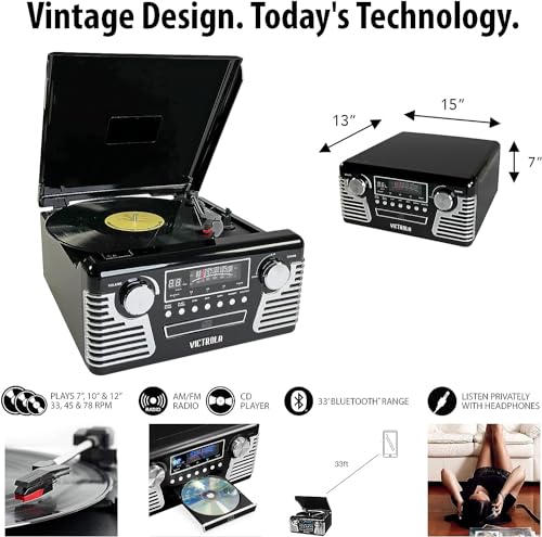 Black 3-Speed Turntable with CD Player, AM/FM Radio, Bluetooth Y13955