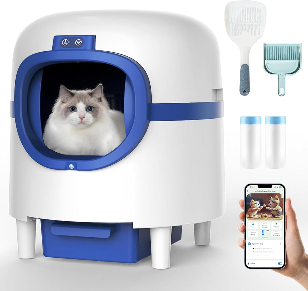 White & Blue Self Cleaning Automatic Cat Litter Box with 2 Rolls Garbage Bags P99947