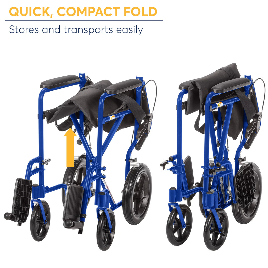 Blue 19" Seat Lightweight Transport Wheelchair with Hand Brakes J671913