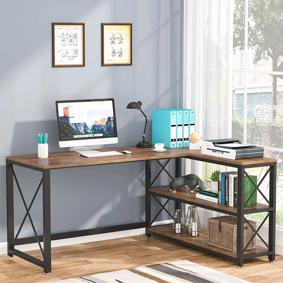 Reversible Industrial L-Shaped Desk with Storage Shelves, Corner Computer Desk (Brown, 59") S351907