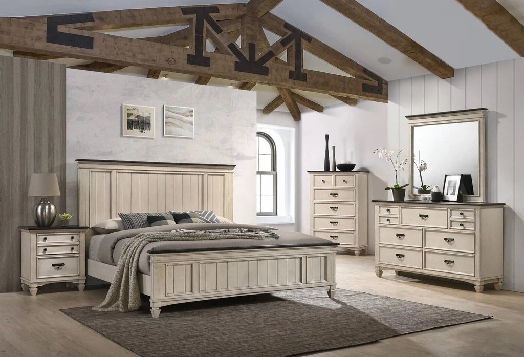 3pc Queen Size Panel Headboard Bed and 2x Nightstands Set Beige Wooden Z6520