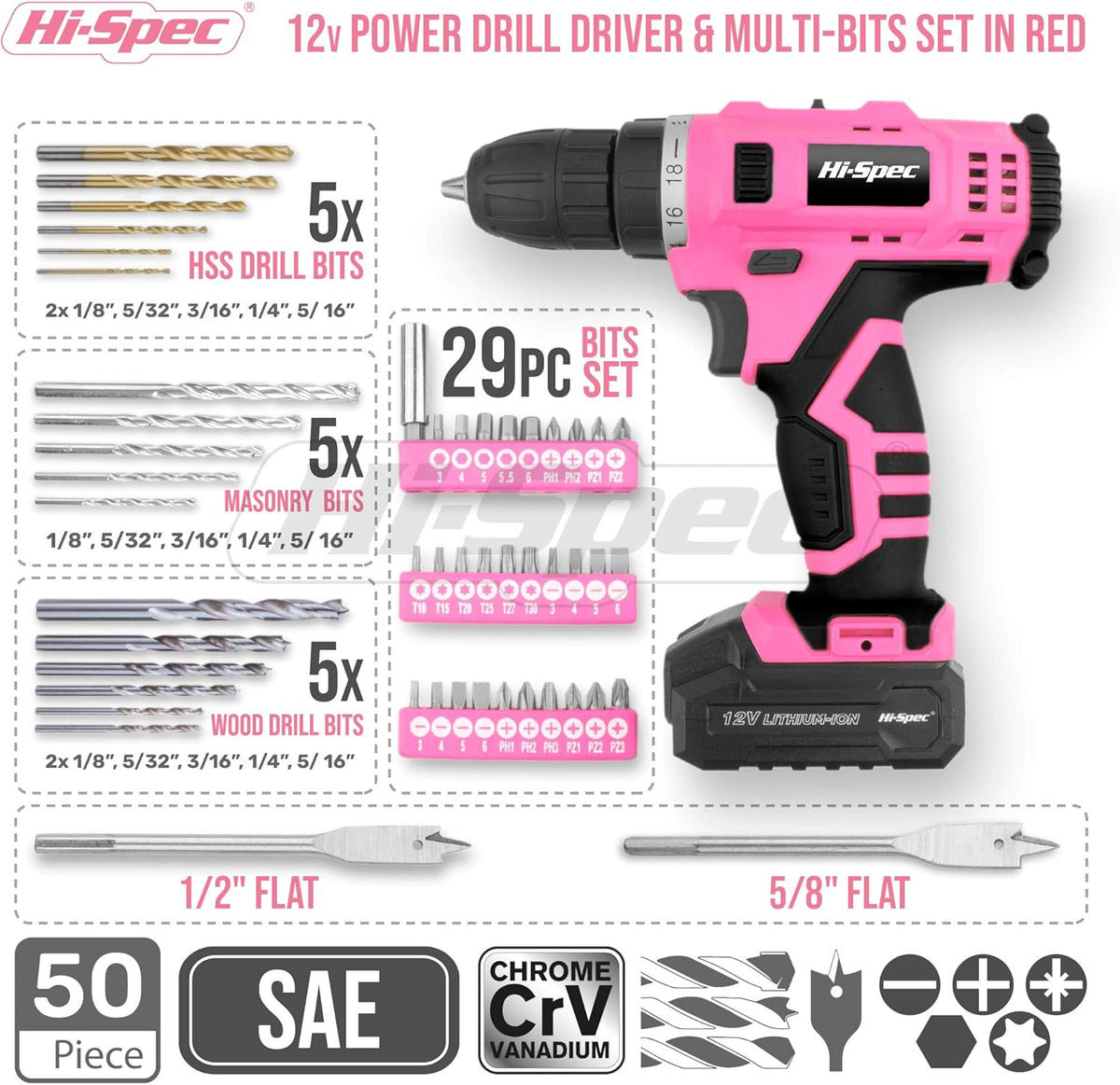 50 Piece Pink 12V Cordless Drill Driver & Multi Bit Set with Tool Case B731210