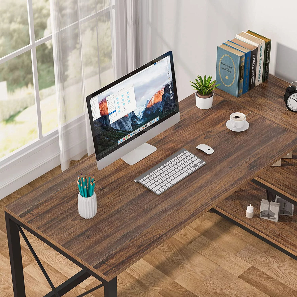 Reversible Industrial L-Shaped Desk with Storage Shelves, Corner Computer Desk (Brown, 59") S351907