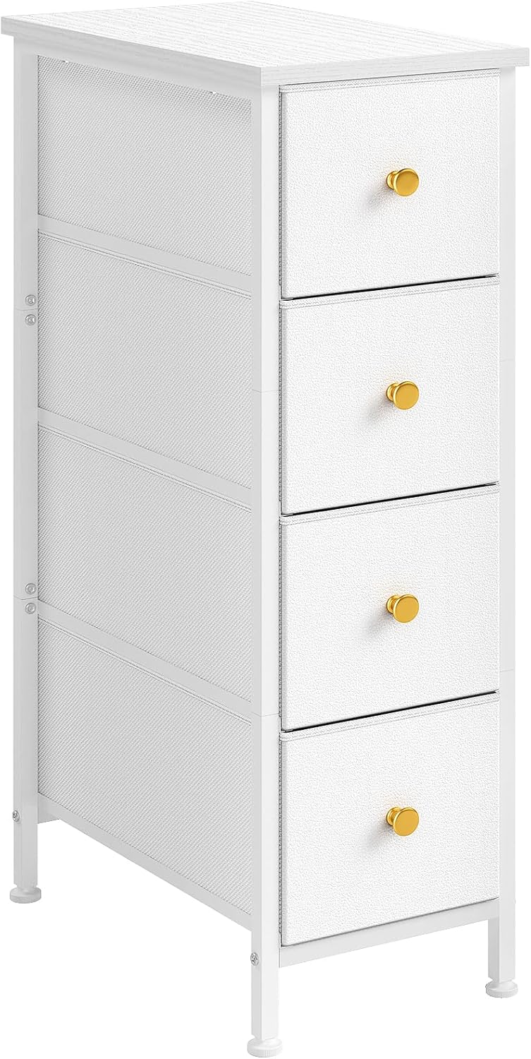 White 4 Drawer Slim Fabric Dresser with Steel Frame and Wood Top K72446