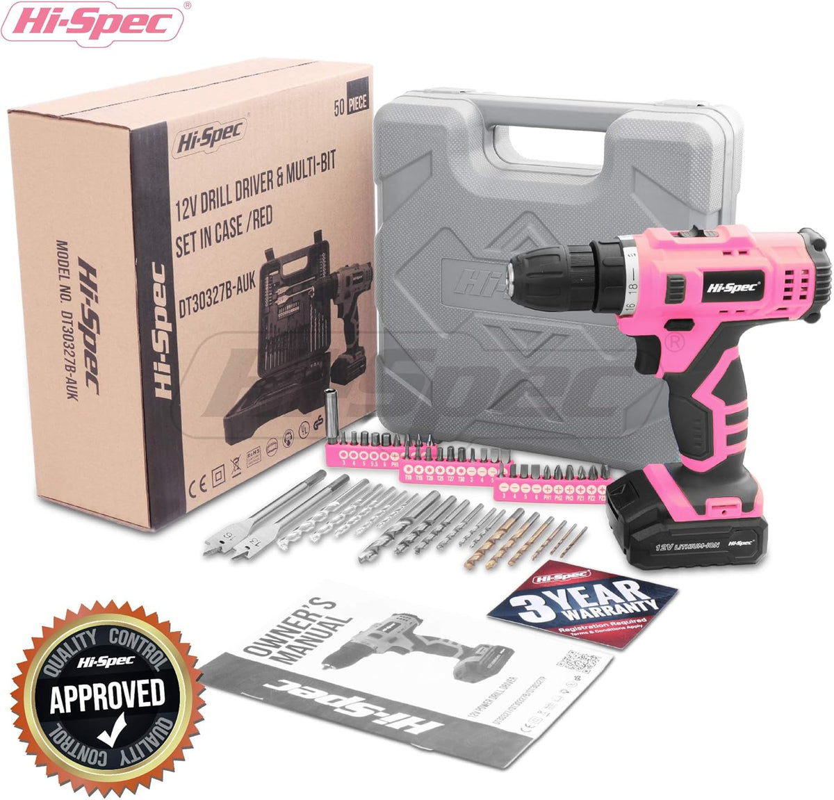50 Piece Pink 12V Cordless Drill Driver & Multi Bit Set with Tool Case B731210