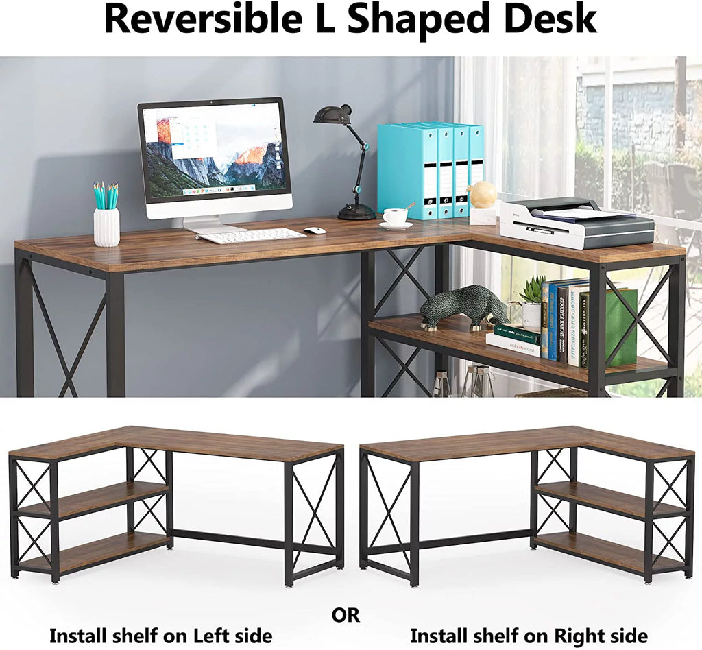 Reversible Industrial L-Shaped Desk with Storage Shelves, Corner Computer Desk (Brown, 59") S351907