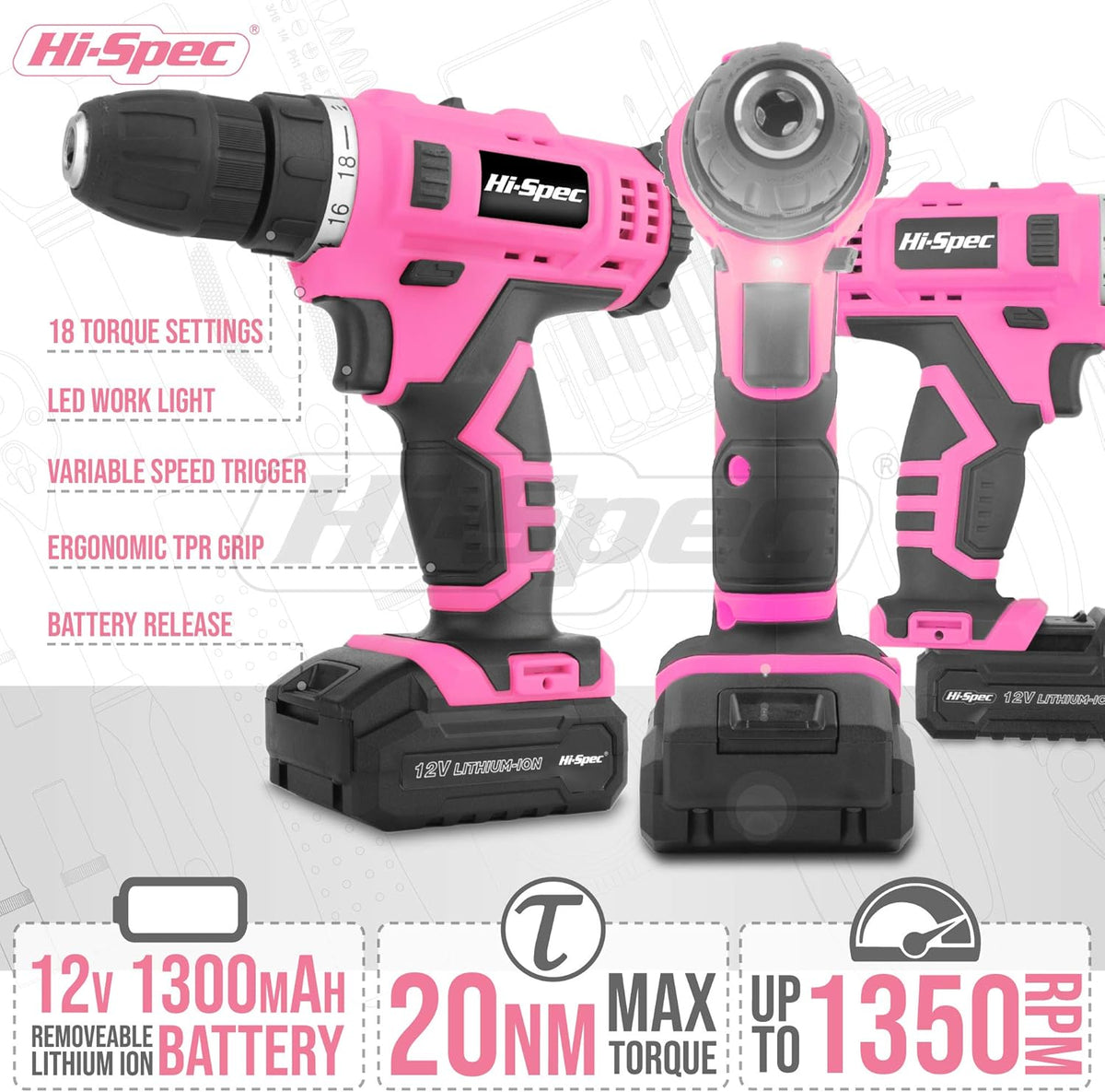 50 Piece Pink 12V Cordless Drill Driver & Multi Bit Set with Tool Case B731210