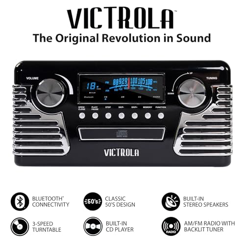 Black 3-Speed Turntable with CD Player, AM/FM Radio, Bluetooth Y13955