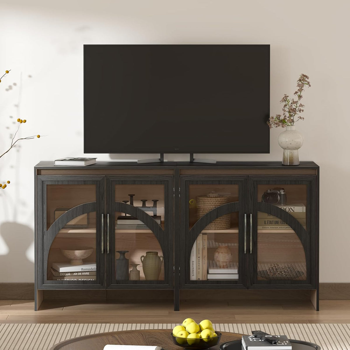 Black Arched Accent Cabinet with Glass Door and Adjustable Shelf T1259