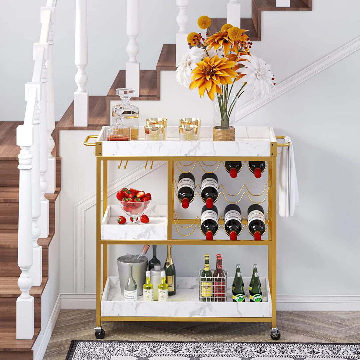 Gold Bar Cart with 12 Bottle Wine Rack E6957