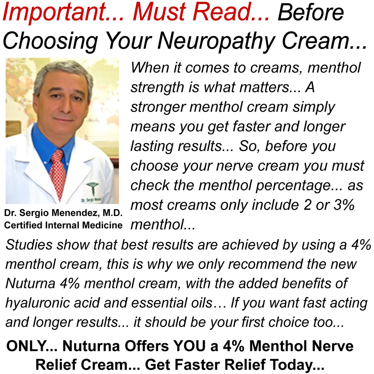 Nerve Relief Cream with 4% Menthol MSM 6 Oz H438119