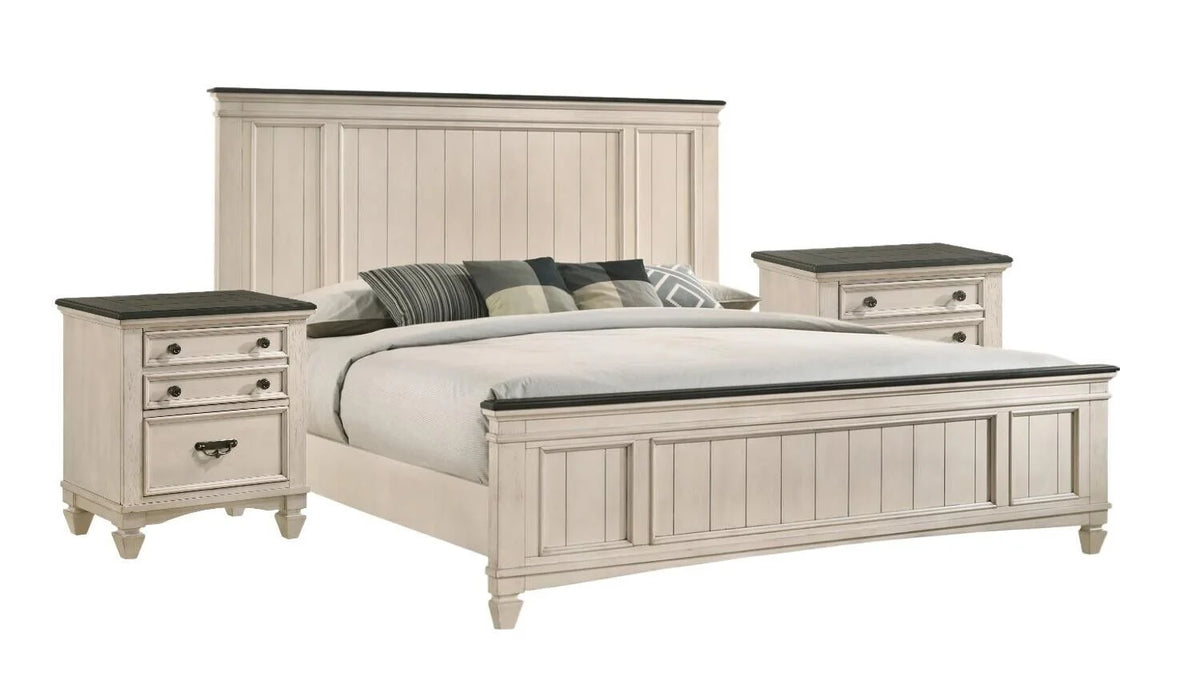 3pc Queen Size Panel Headboard Bed and 2x Nightstands Set Beige Wooden Z6520