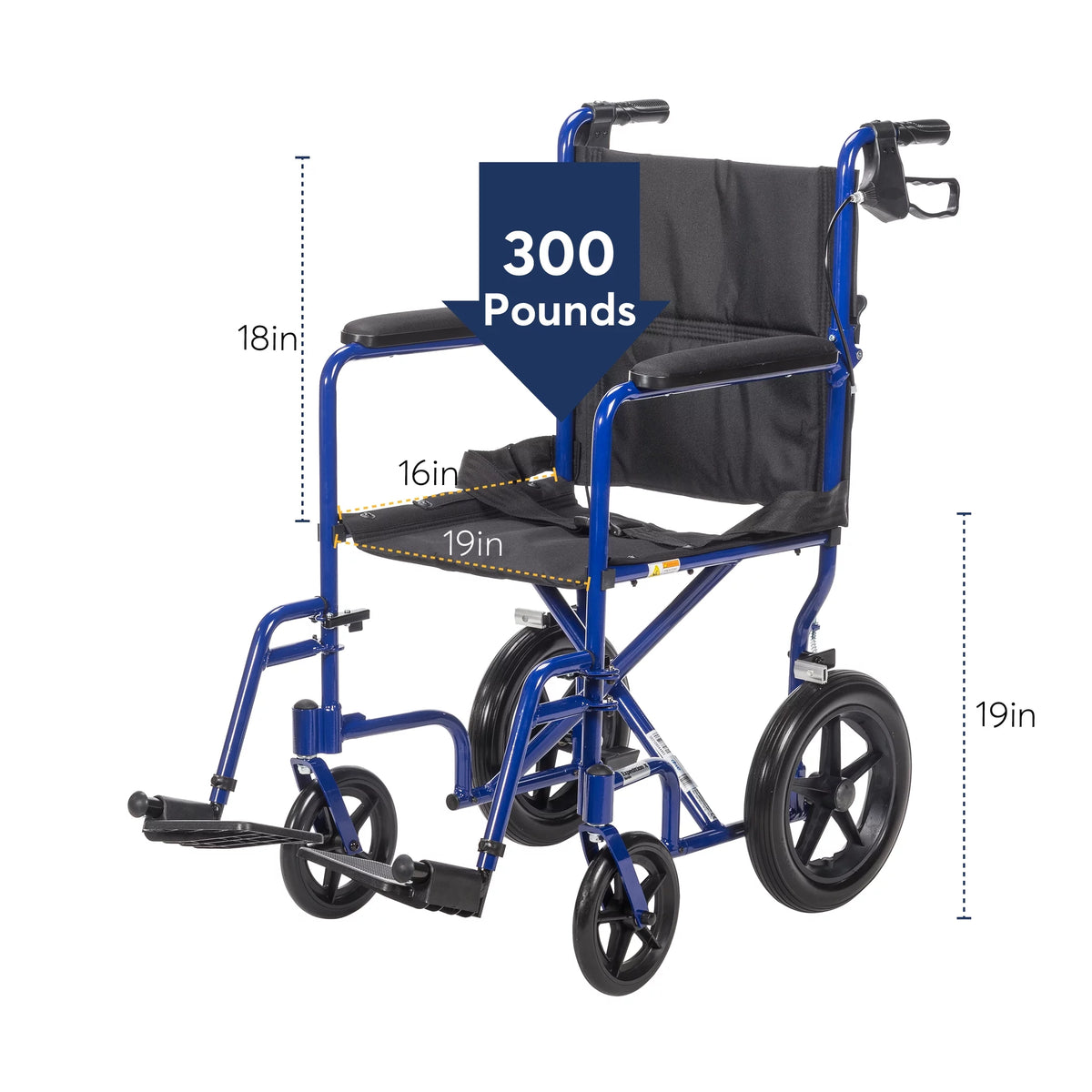 Blue 19" Seat Lightweight Transport Wheelchair with Hand Brakes J671913