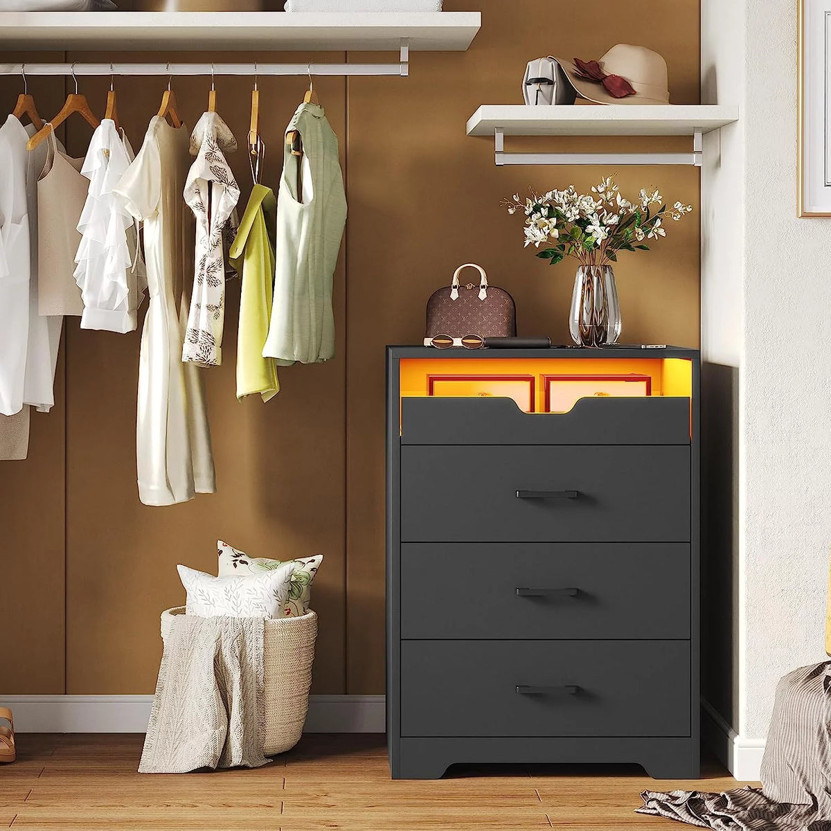 Black 3 Drawer Dresser with Pull-Out Tray Y575738