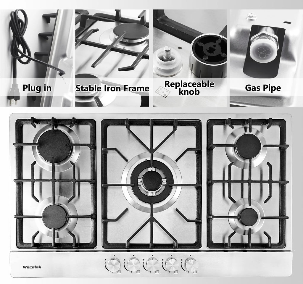 34" 5 Burner Dual Fuel Stainless Steel Gas Cooktop E734