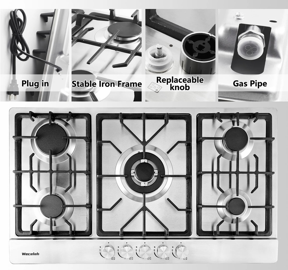 34" 5 Burner Dual Fuel Stainless Steel Gas Cooktop E734