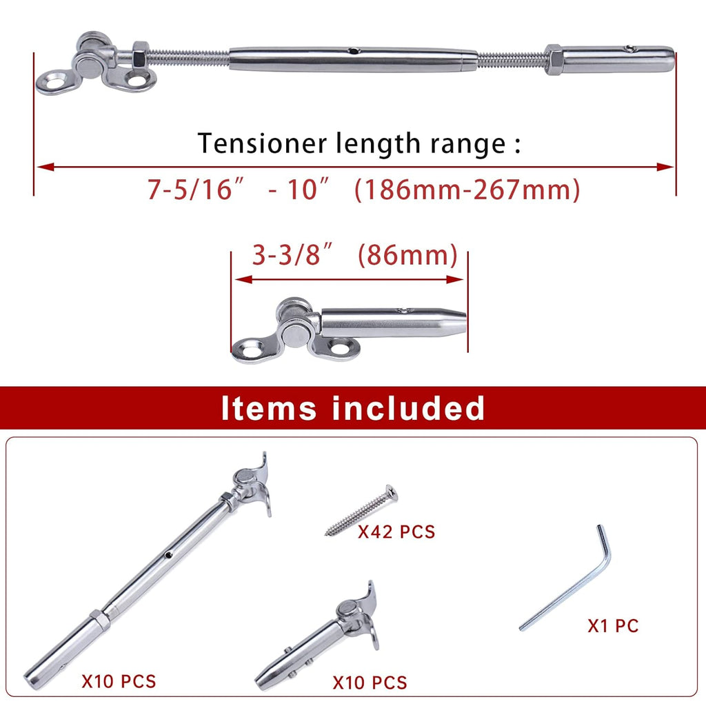 10Set Swageless Cable Railing Kit 1/8 Toggle Turnbuckle Hardware T316 Stainless Steel Z44469