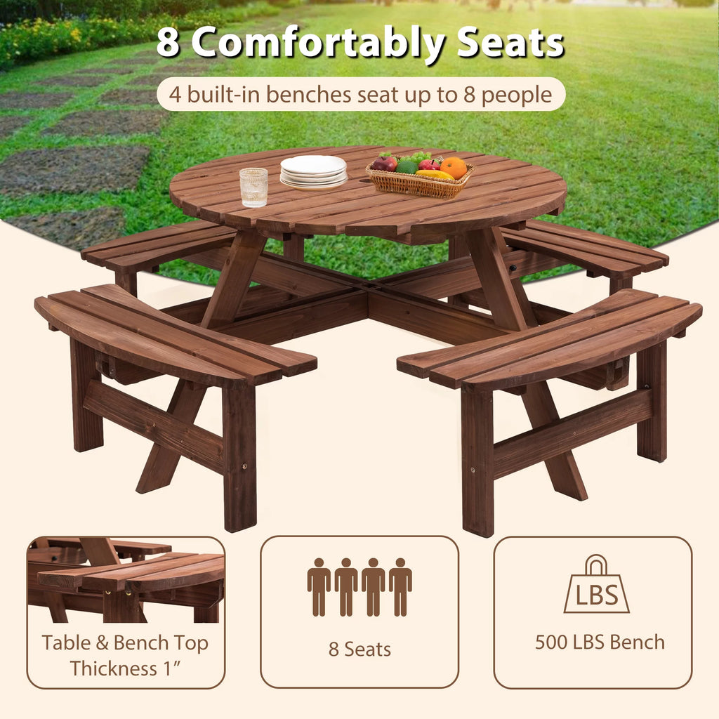 8-Person Circular Wooden Picnic Table with 4 Built-in Benches Gray L76794