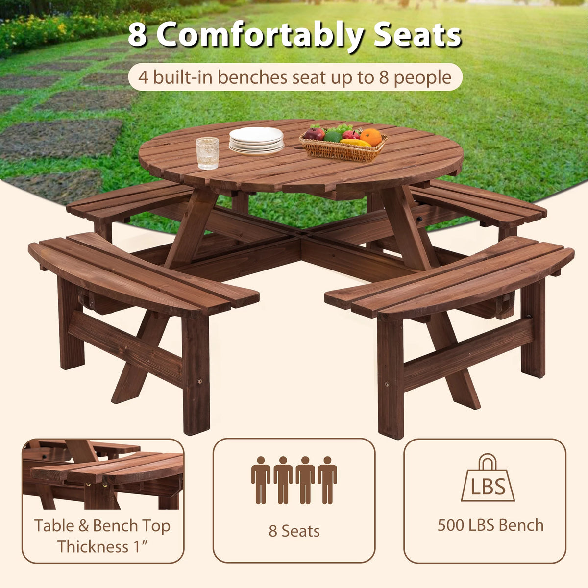 8-Person Circular Wooden Picnic Table with 4 Built-in Benches Gray L76794