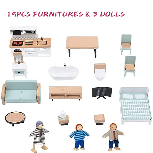 Large Pink Wooden Dollhouse with 15 Pcs Furniture & 3 Dolls M736