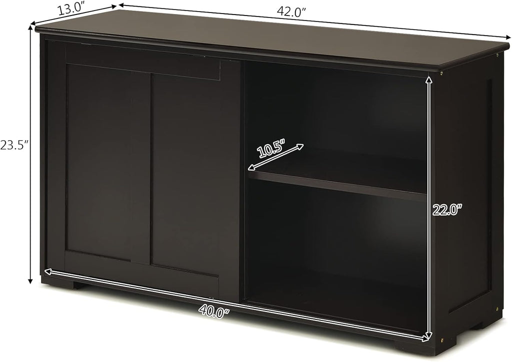 Brown Double-Layer Sliding Slat Door Storage Cabinet W976344